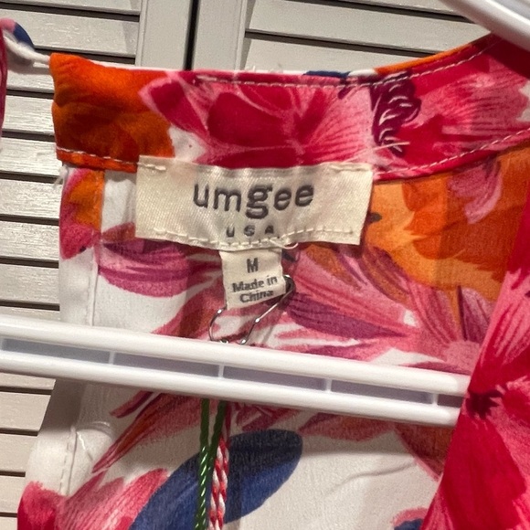 UMGEE PINK & ORANGE FLORAL ROMPER RUFFLE SHORT SLEEVE V-NECK DRAWSTRING WAIST - Picture 14 of 15